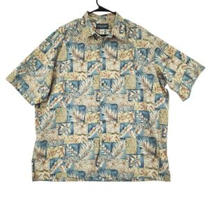 Vtg Cooke Street Hawaiian Shirt sz XL Men Guayabera Floral Cotton Green Blue